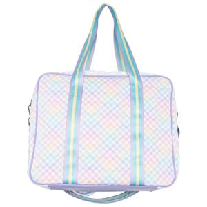 the back of Holographic checkered bag with pastel colors on a white background