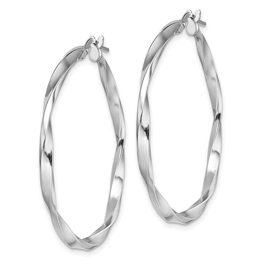 Pair of silver hoop earrings on a white background
Material: sterling silver rhodium-plated
Color: silver
Closure: Wire & Clutch
Measurement: 40.4 mm width, 41.9 mm length, 2.4 mm thickness