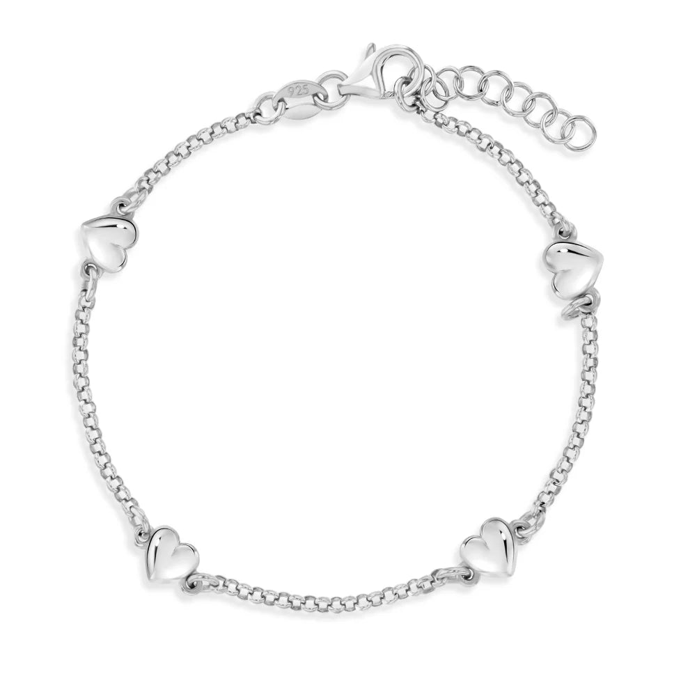 Sterling Silver Puffed Linked Hearts Link Girls Bracelet