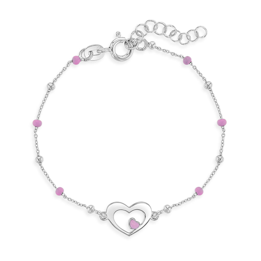Age Group: Adorable for Toddlers, Young Girls & Preteens; Safe for Sensitive Skin
Material: 925 Sterling Silver
Bracelet Size: 5 inches with extension up to 6", heart & round beads (pink enamel); Adjustable
Metal Stamp: 925
picture of the silver bracelet with pink heart details. full bracelet close up