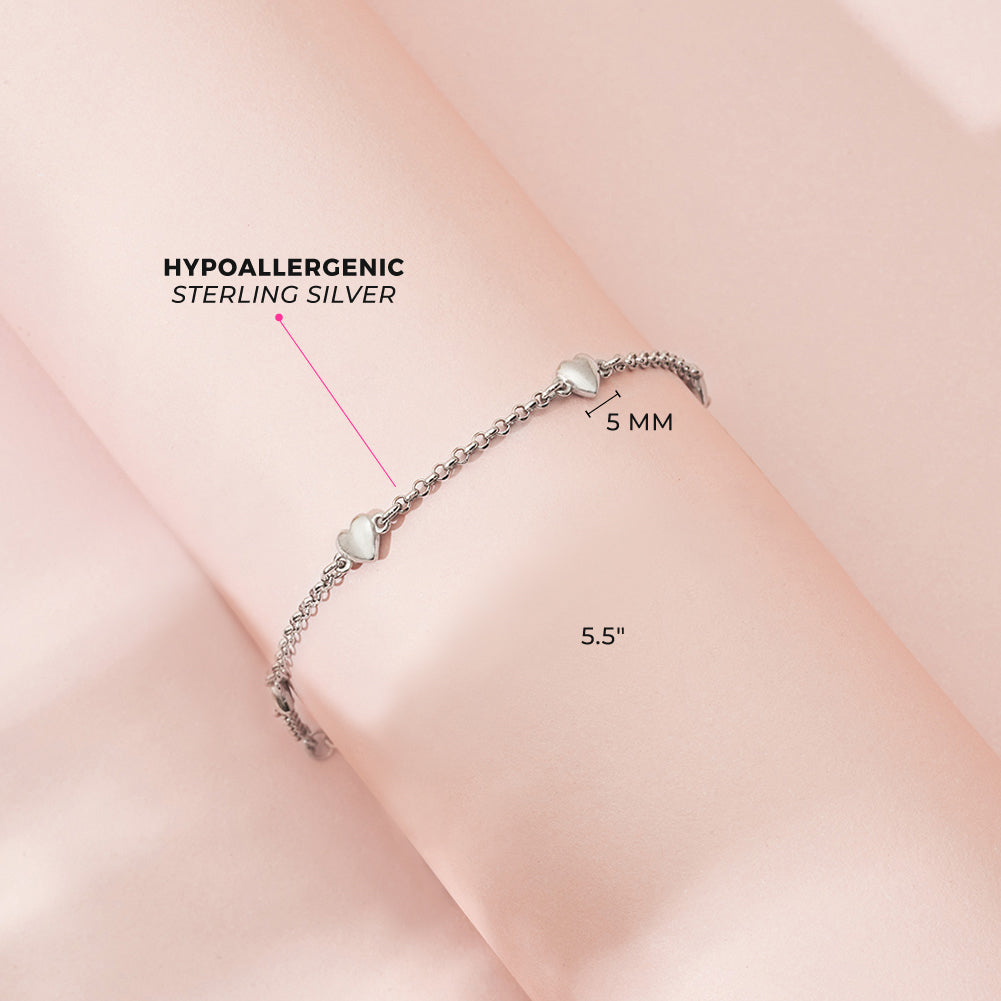 Sterling Silver Puffed Linked Hearts Link Girls Bracelet