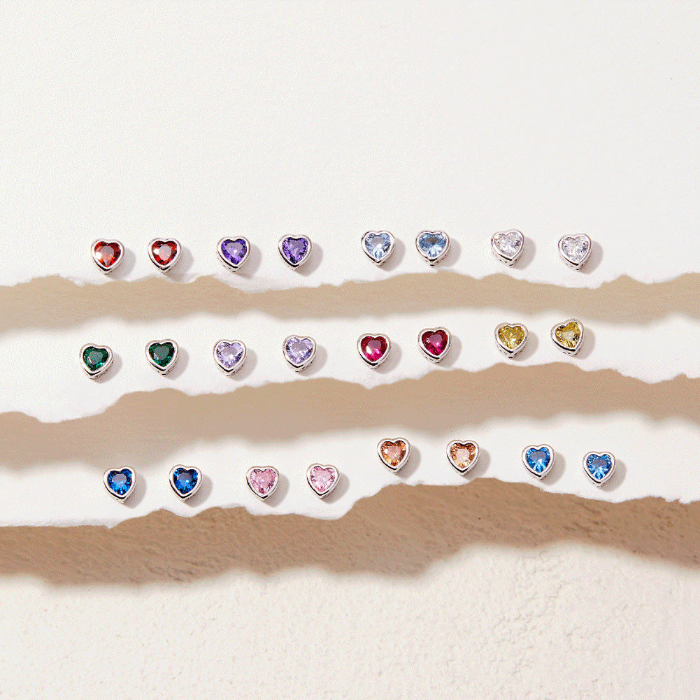 Sterling Silver CZ Birthstone Heart Screw Back Girls Earrings