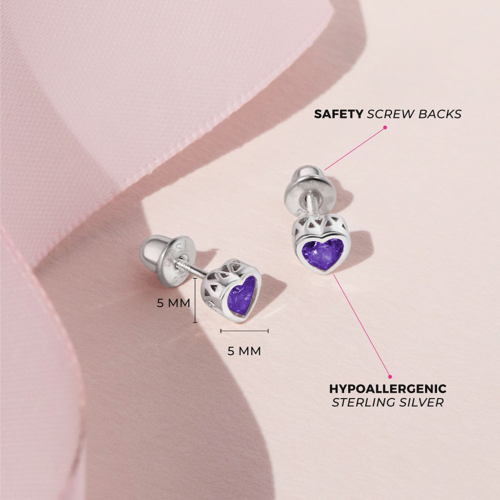 Sterling Silver CZ Birthstone Heart Screw Back Girls Earrings