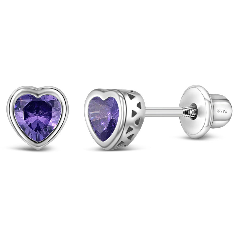 Sterling Silver CZ Birthstone Heart Screw Back Girls Earrings