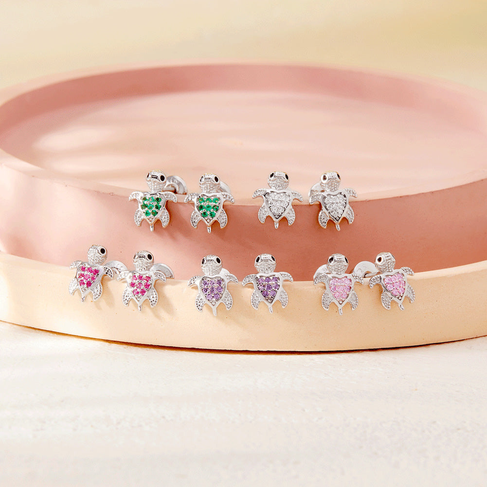 Age Group: Adorable for Little Girls, Young Teens to Teens (ages 5-15 years); Safe for Sensitive Ears
Material: 925 Sterling Silver
Earrings Size: 8mm W x 10mm H turtle, cubic zirconia; 7mm threaded earring post
Metal Stamp: 925
picture of all available colors of the turtle earrings