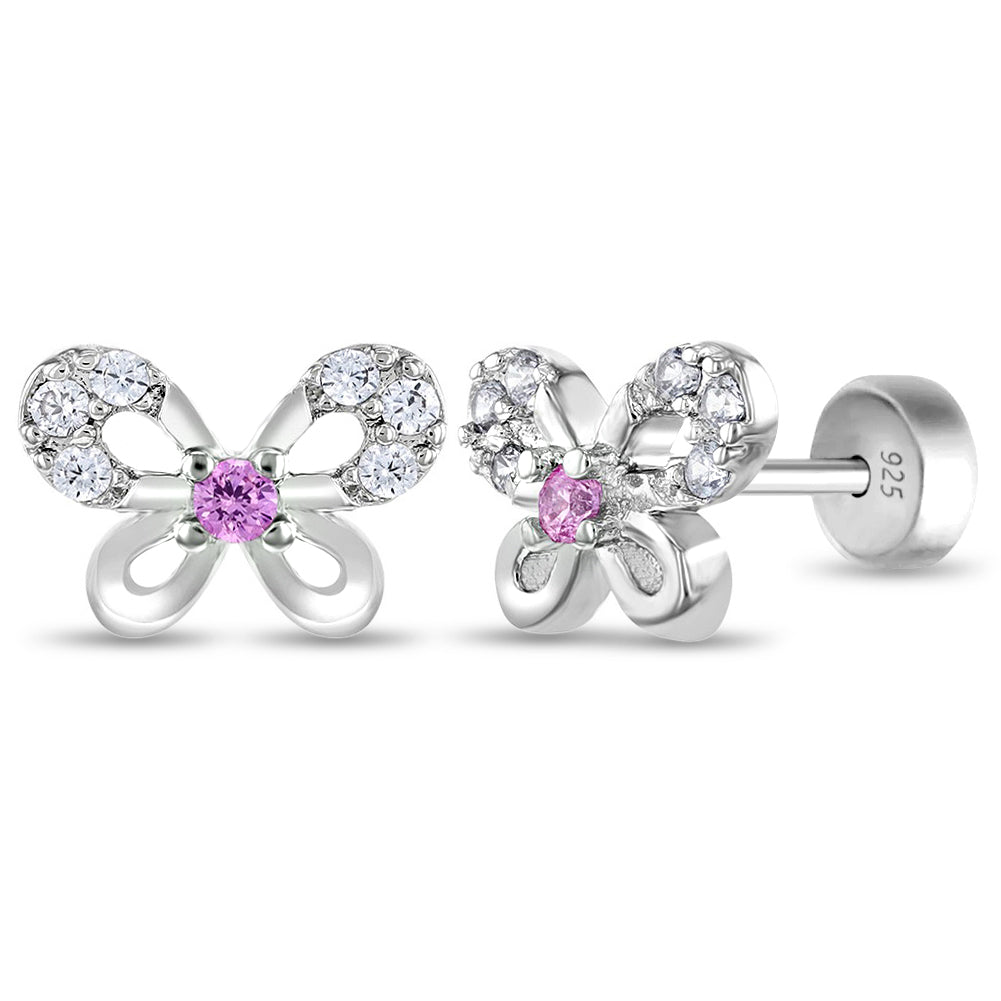 Age Group: Ideal for Infants, Toddlers and Girls; Safe for Sensitive Ears
925 Sterling Silver
Earrings Size: 9mm W x 6mm H Bow; 8mm post
Main Stone: Pink and Clear Cubic Zirconia
Metal Stamp: 925
Window Box Included
Picture of butterfly earrings close up