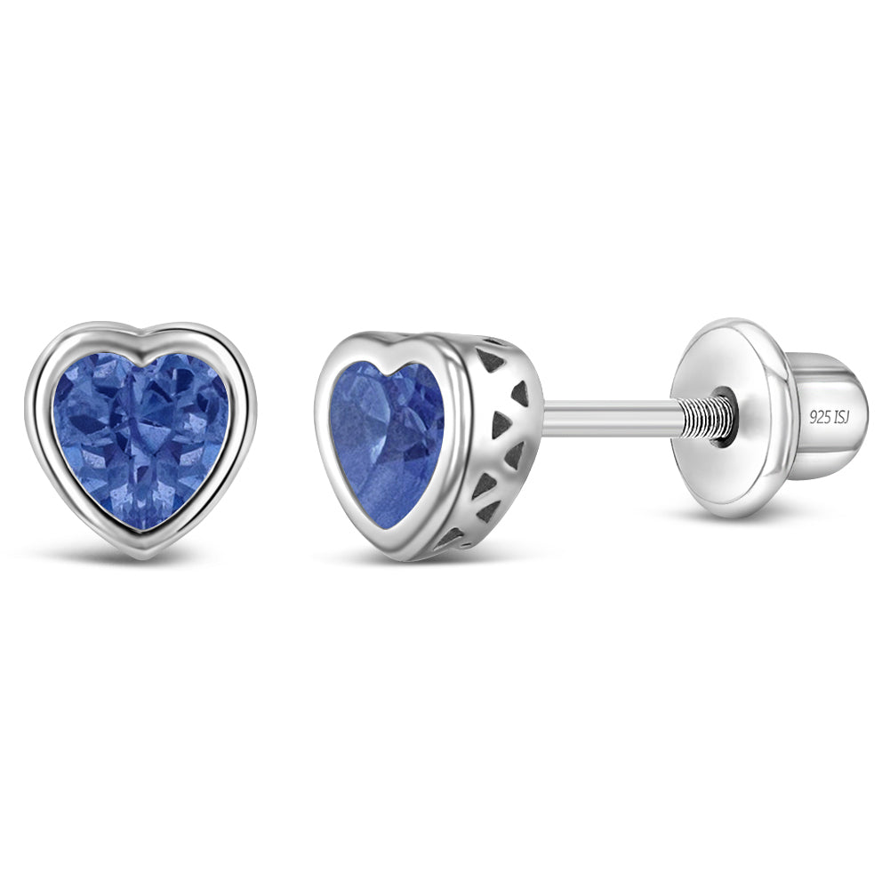 Sterling Silver CZ Birthstone Heart Screw Back Girls Earrings