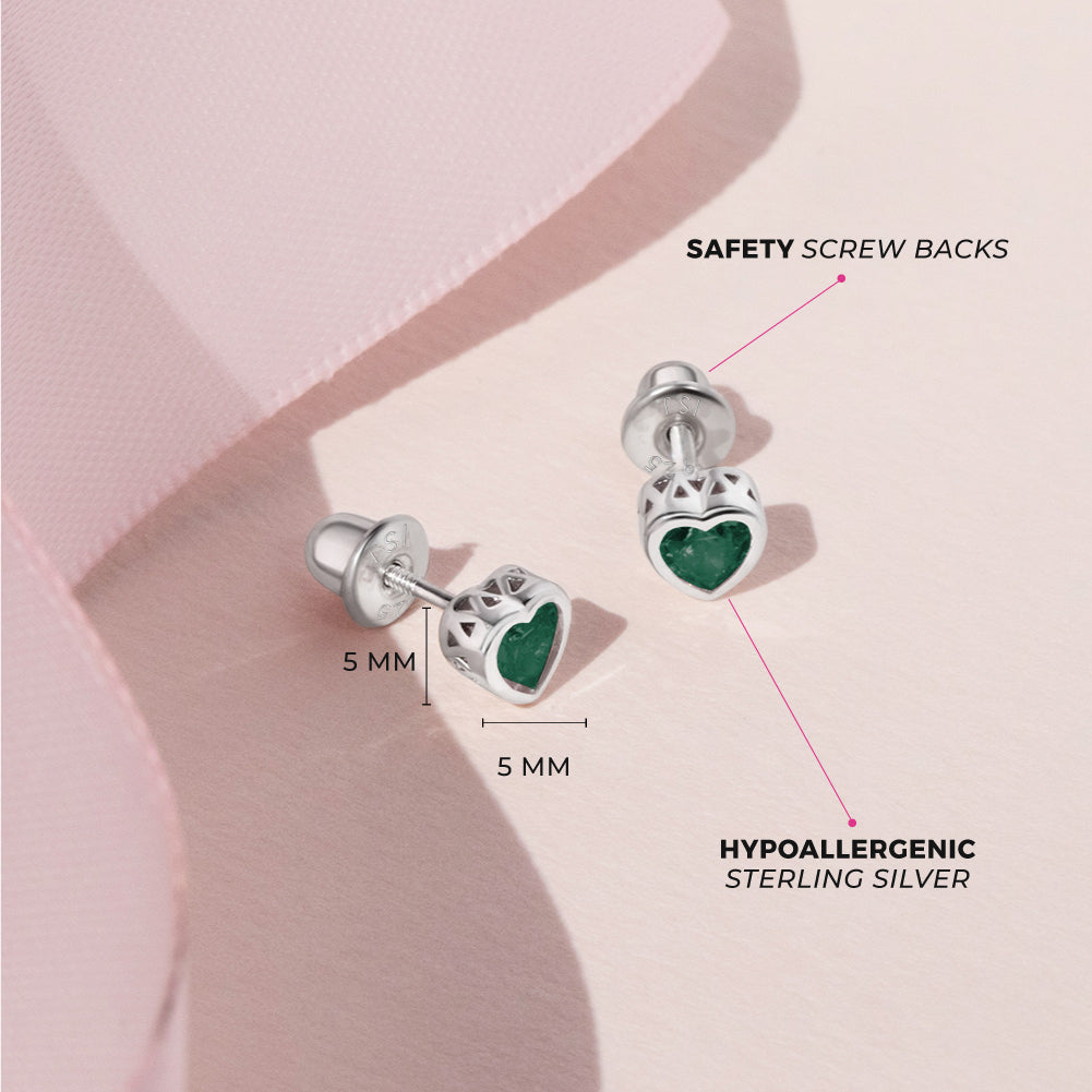 Sterling Silver CZ Birthstone Heart Screw Back Girls Earrings