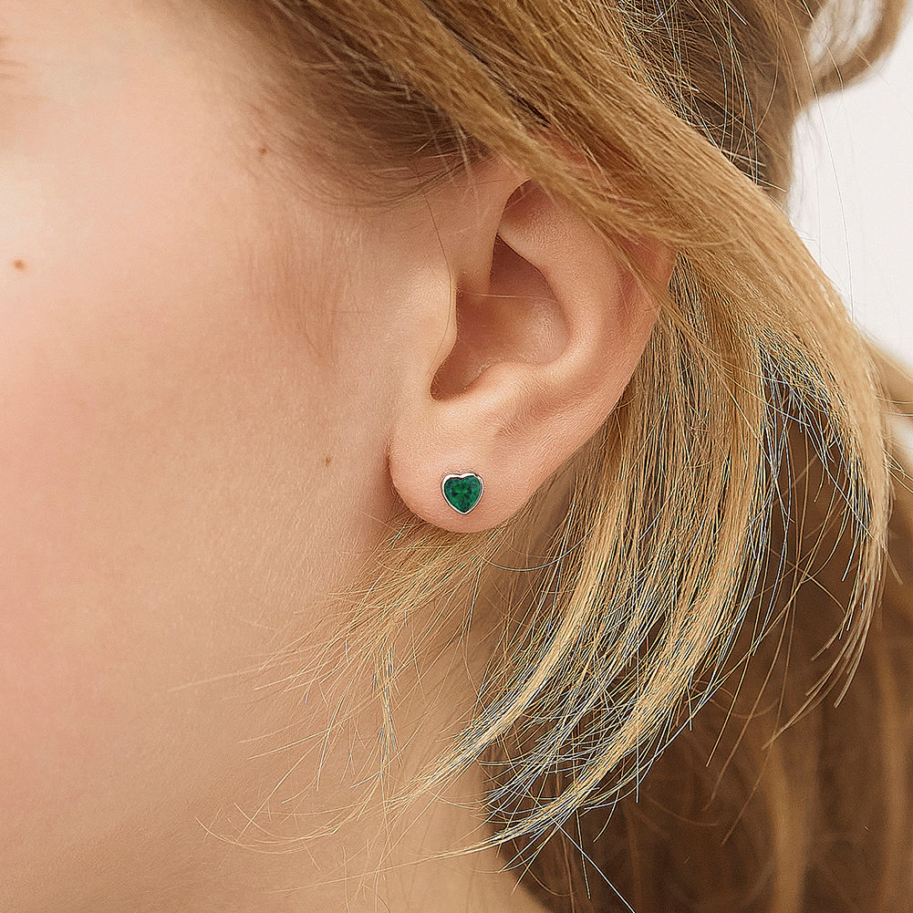 Sterling Silver CZ Birthstone Heart Screw Back Girls Earrings