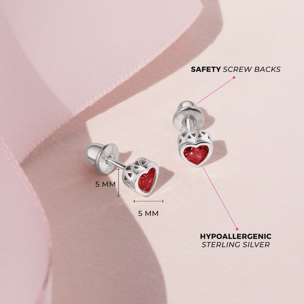Sterling Silver CZ Birthstone Heart Screw Back Girls Earrings