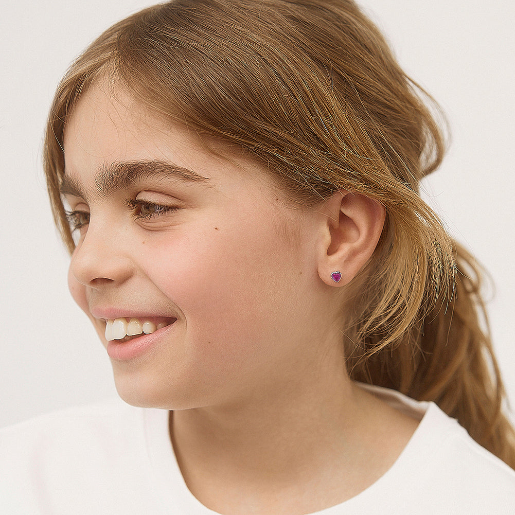 Sterling Silver CZ Birthstone Heart Screw Back Girls Earrings