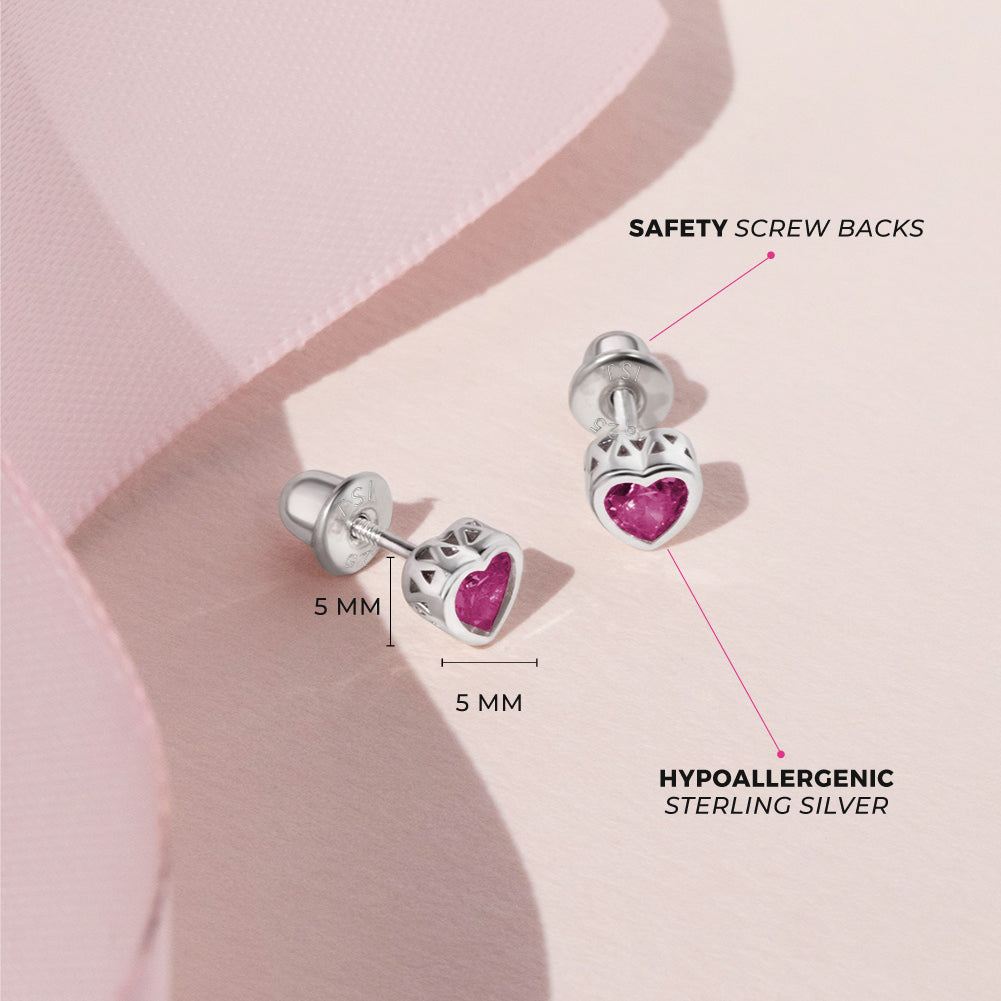 Sterling Silver CZ Birthstone Heart Screw Back Girls Earrings