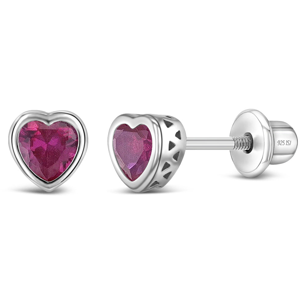 Sterling Silver CZ Birthstone Heart Screw Back Girls Earrings