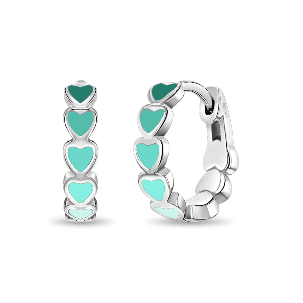 Age Group: Cute for Girls or Teens; Safe for Sensitive Ears
925 Sterling Silver
Earring Size: Outer: 0.47 in. (12mm); Inner: 0.35 in. (9mm)
Metal Stamp: 925
Cascading heart design with green tones earrings on sterling silver. Picture of close up