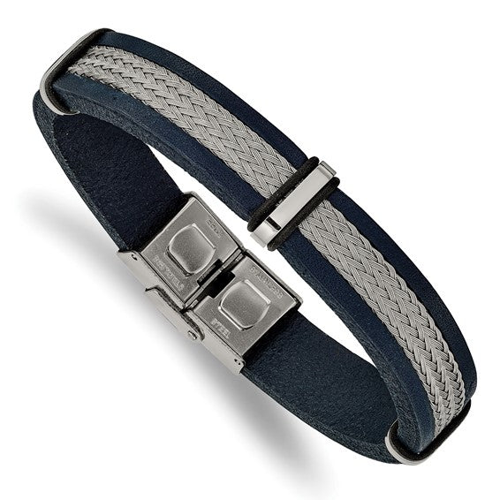 Bracelet with blue and gray braided straps and silver clasp on a white background
Material: stainless steel, blue leather, wire
Color: silver, blue, grey
Closure: buckle clasp
Measurement: 8.5" circumference