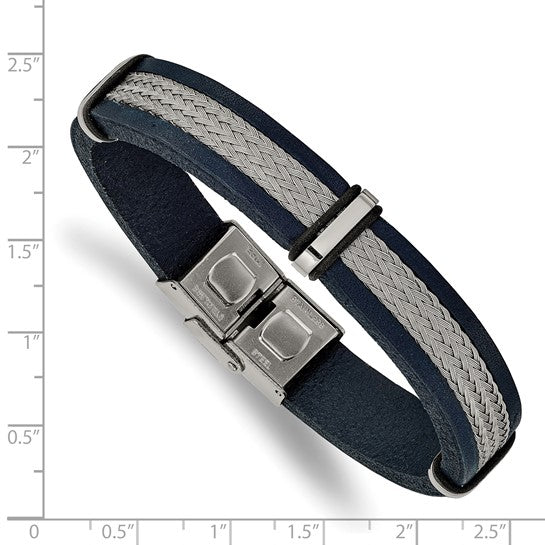 Navy blue and gray braided bracelet with a silver clasp on a white background Material: stainless steel, blue leather, wire
Color: silver, blue, grey
Closure: buckle clasp
Measurement: 8.5" circumference