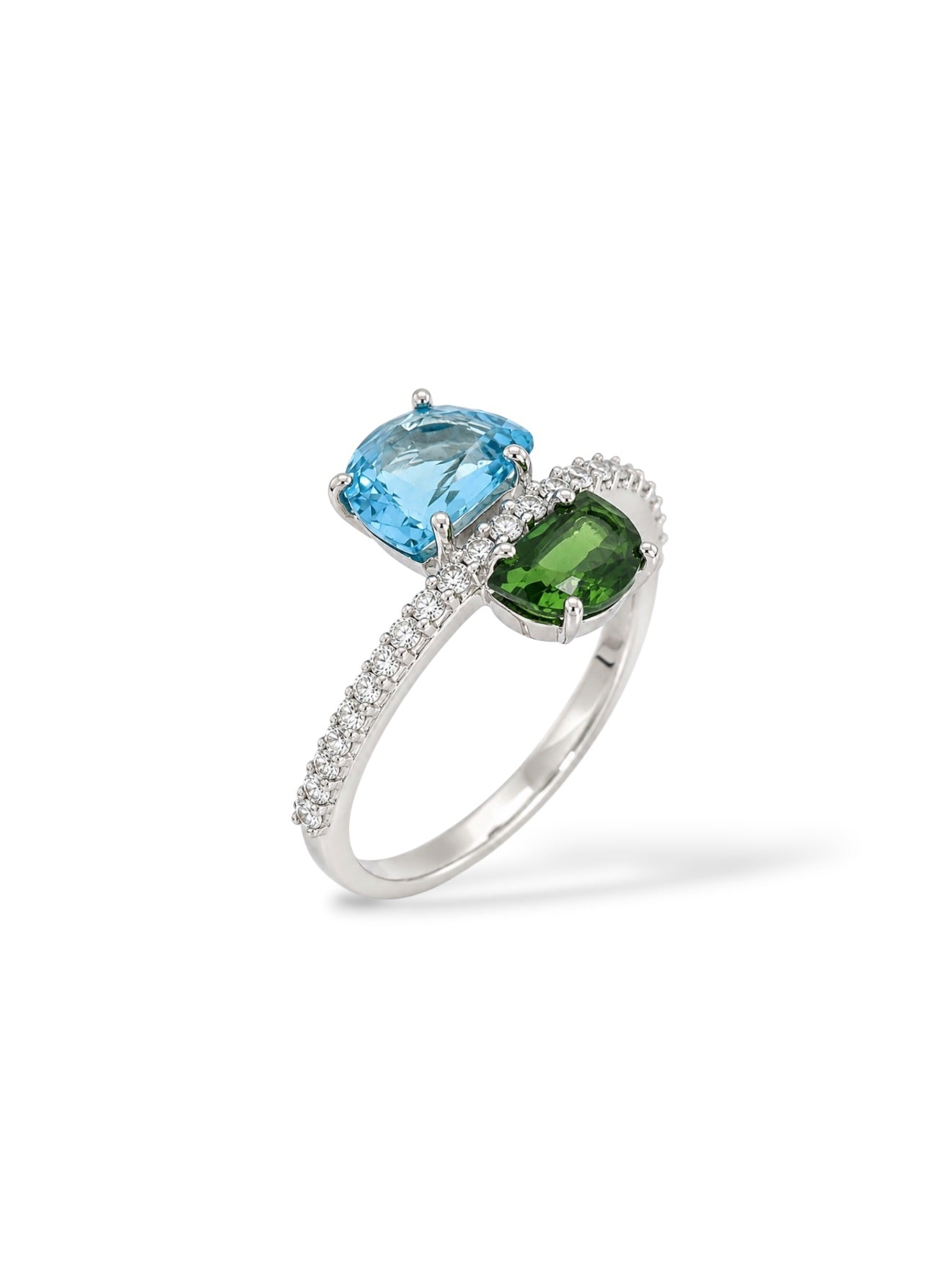 Pendulum Green Tourmaline & Blue Topaz Ring