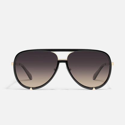 Aviator sunglasses with a black frame and gradient lenses on a white background