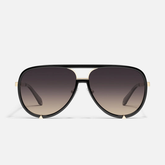 Aviator sunglasses with a black frame and gradient lenses on a white background