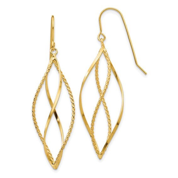 Gold earrings with a white background
Material: 10K yellow gold
Color: yellow gold
Closure: French wire closure
Measurement: 13 mm width, 45 mm length