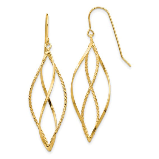 Gold earrings with a white background
Material: 10K yellow gold
Color: yellow gold
Closure: French wire closure
Measurement: 13 mm width, 45 mm length