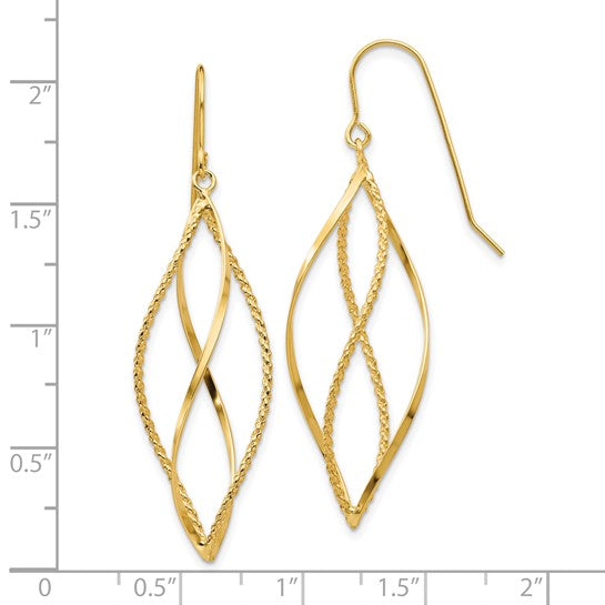 Gold earrings with a measurement scale on a white background
Material: 10K yellow gold
Color: yellow gold
Closure: French wire closure
Measurement: 13 mm width, 45 mm length