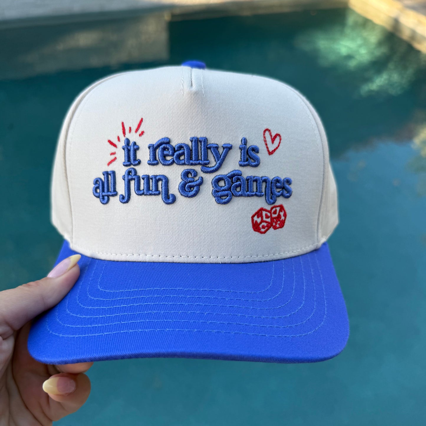 Blue and white cap with text held by a hand against a reflective surface