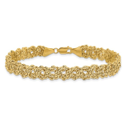 Gold bracelet on a white background
Material: 14K yellow gold
Color: yellow gold
Closure: lobster clasp
Measurement: 7.75" length, 8.2 mm width