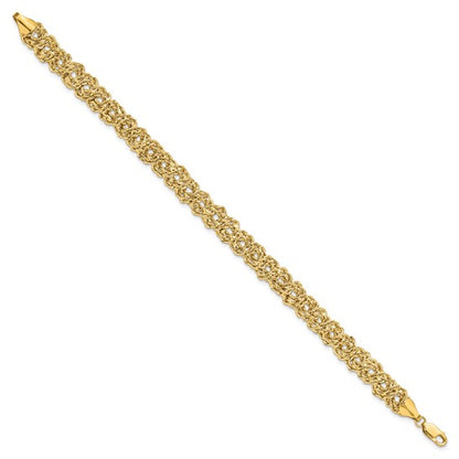Gold bracelet on a white background
Material: 14K yellow gold
Color: yellow gold
Closure: lobster clasp
Measurement: 7.75" length, 8.2 mm width