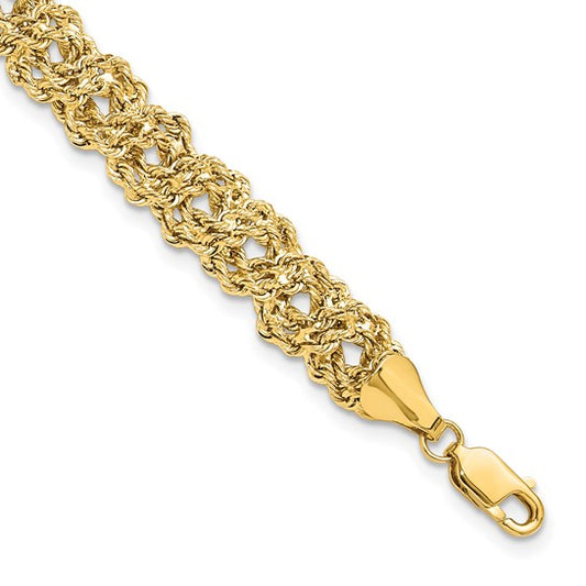 Gold chain bracelet on a white background
Material: 14K yellow gold
Color: yellow gold
Closure: lobster clasp
Measurement: 7.75" length, 8.2 mm width