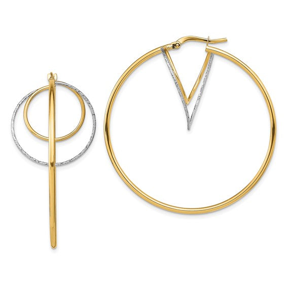 Two pairs of hoop earrings, one gold and one silver, on a white background.
Material: 14K yellow gold, white Rhodium
Color: yellow gold and white
Closure: Wire and Clutch
Measurement: 44 mm width, 44.5 mm length, 1.5 mm thickness