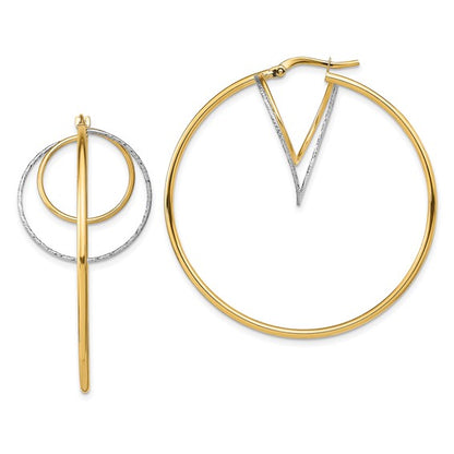 Two pairs of hoop earrings, one gold and one silver, on a white background.
Material: 14K yellow gold, white Rhodium
Color: yellow gold and white
Closure: Wire and Clutch
Measurement: 44 mm width, 44.5 mm length, 1.5 mm thickness