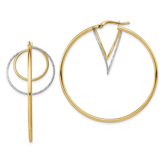 Two pairs of hoop earrings, one gold and one silver, on a white background.
Material: 14K yellow gold, white Rhodium
Color: yellow gold and white
Closure: Wire and Clutch
Measurement: 44 mm width, 44.5 mm length, 1.5 mm thickness