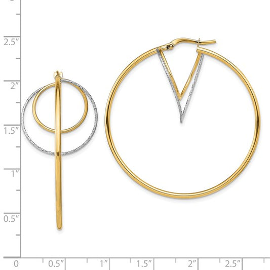 Gold and silver hoop earrings with a measurement chart on a white background
Material: 14K yellow gold, white Rhodium
Color: yellow gold and white
Closure: Wire and Clutch
Measurement: 44 mm width, 44.5 mm length, 1.5 mm thickness