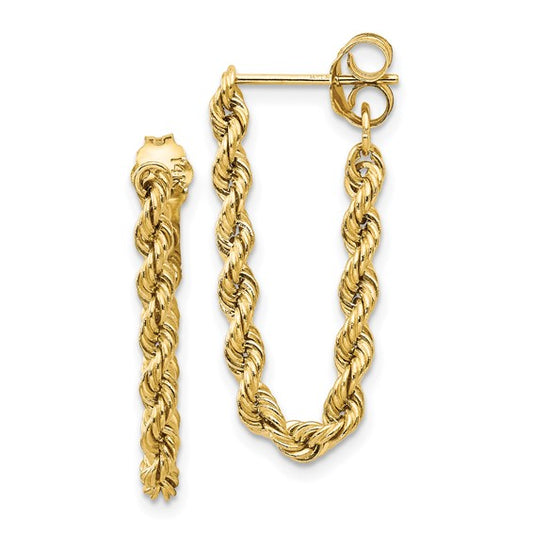 Gold rope chain necklace on a white background
Material: 14K yellow gold
Color: yellow gold
Closure: post & push
Measurement: 8 mm width, 28 length