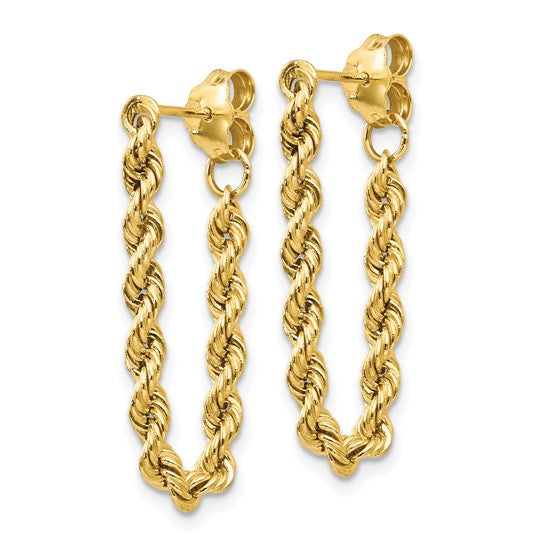 Gold rope chain earrings on a white background
Material: 14K yellow gold
Color: yellow gold
Closure: post & push
Measurement: 8 mm width, 28 length