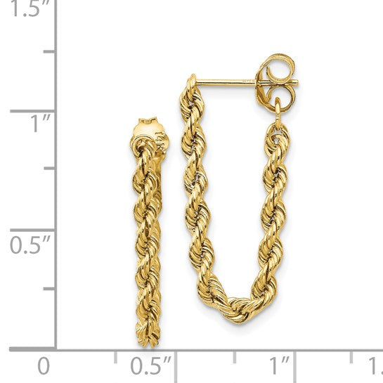 Gold rope chain earring with measurement scale on a white background
Material: 14K yellow gold
Color: yellow gold
Closure: post & push
Measurement: 8 mm width, 28 length