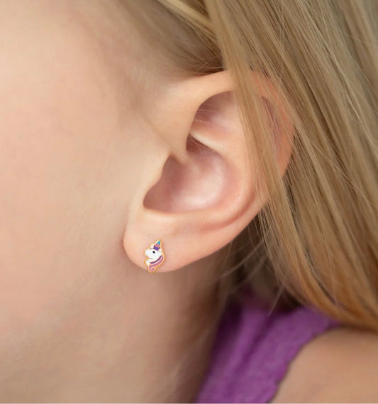 14k Gold Colorful Unicorn Screw Back Girls Earrings