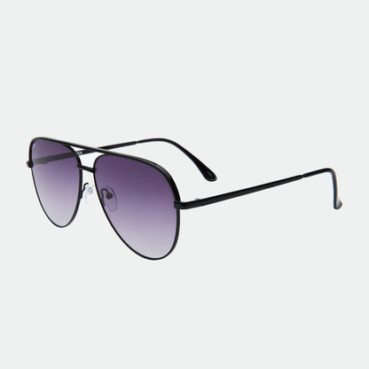 Sunglasses with dark lenses and thin metal frame on a white background