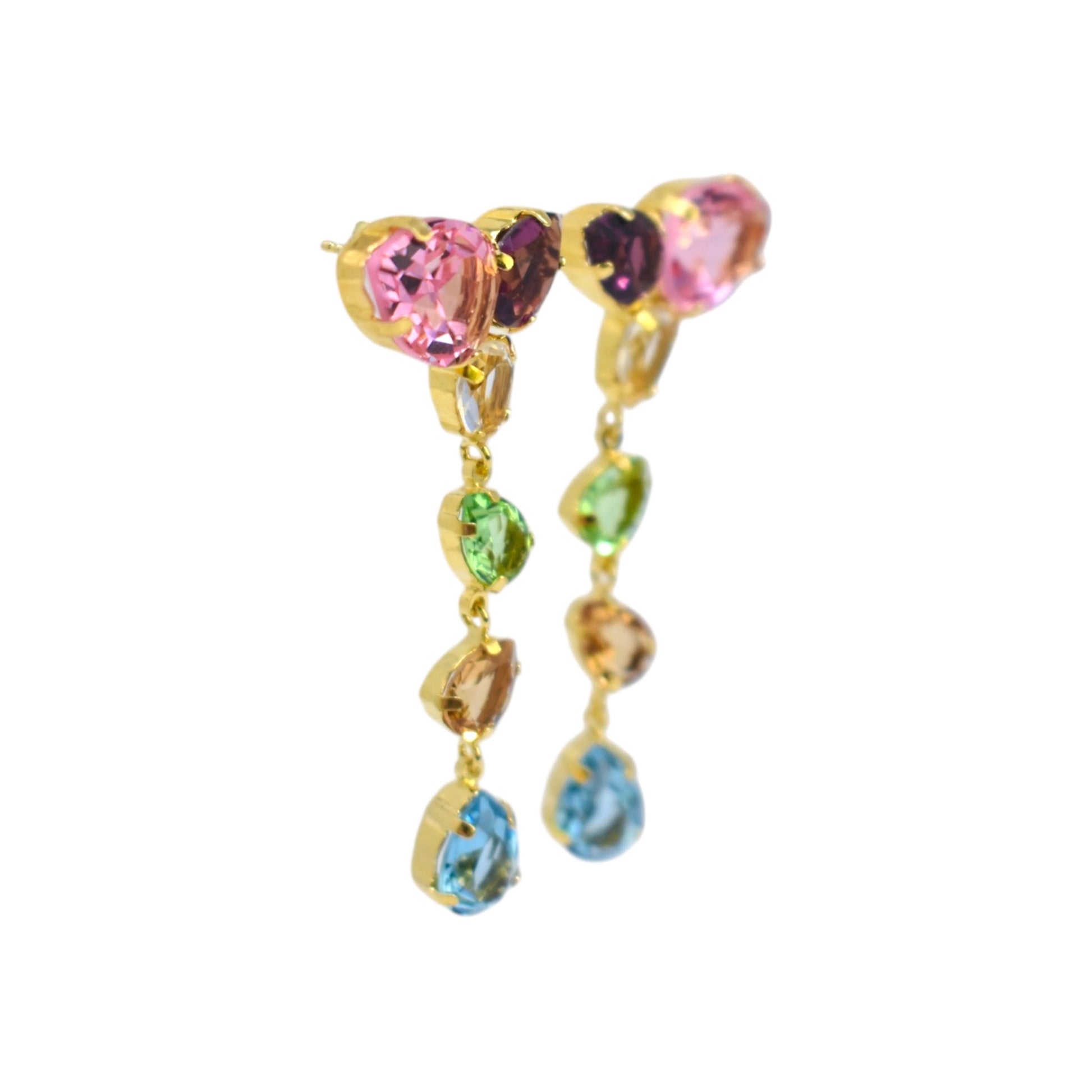 Pair of earrings with colorful gemstones on a white background
Material: Sterling Silver, Gold Plated, Swarovski Crystals

Color: gold, light pink and white, light blue, pink, purple, white, and green

Measurement: .5 cm thickness, 2" length, 2.5 cm width
