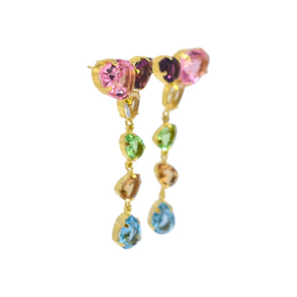 Pair of earrings with colorful gemstones on a white background
Material: Sterling Silver, Gold Plated, Swarovski Crystals

Color: gold, light pink and white, light blue, pink, purple, white, and green

Measurement: .5 cm thickness, 2" length, 2.5 cm width