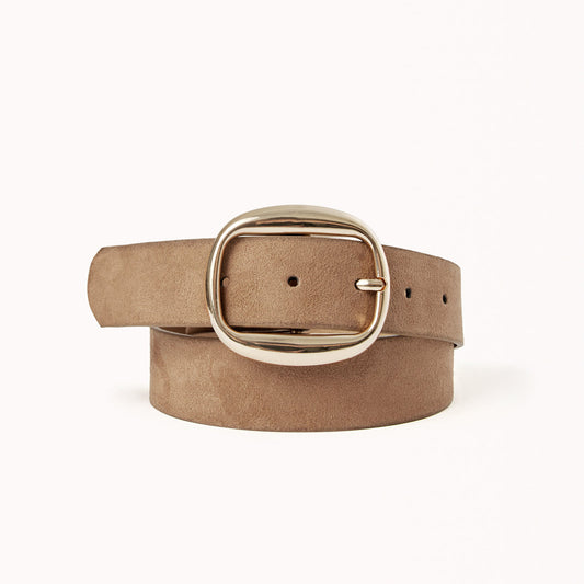Beige belt with a gold buckle on a white background