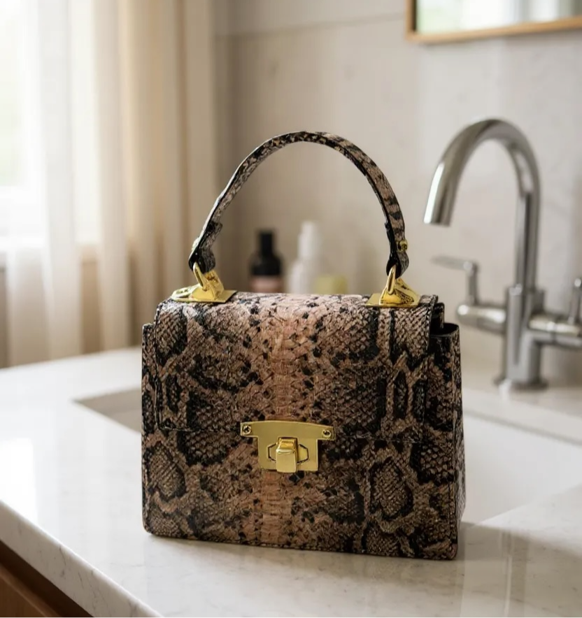 Snakeskin-patterned handbag with gold accents on a kitchen counter