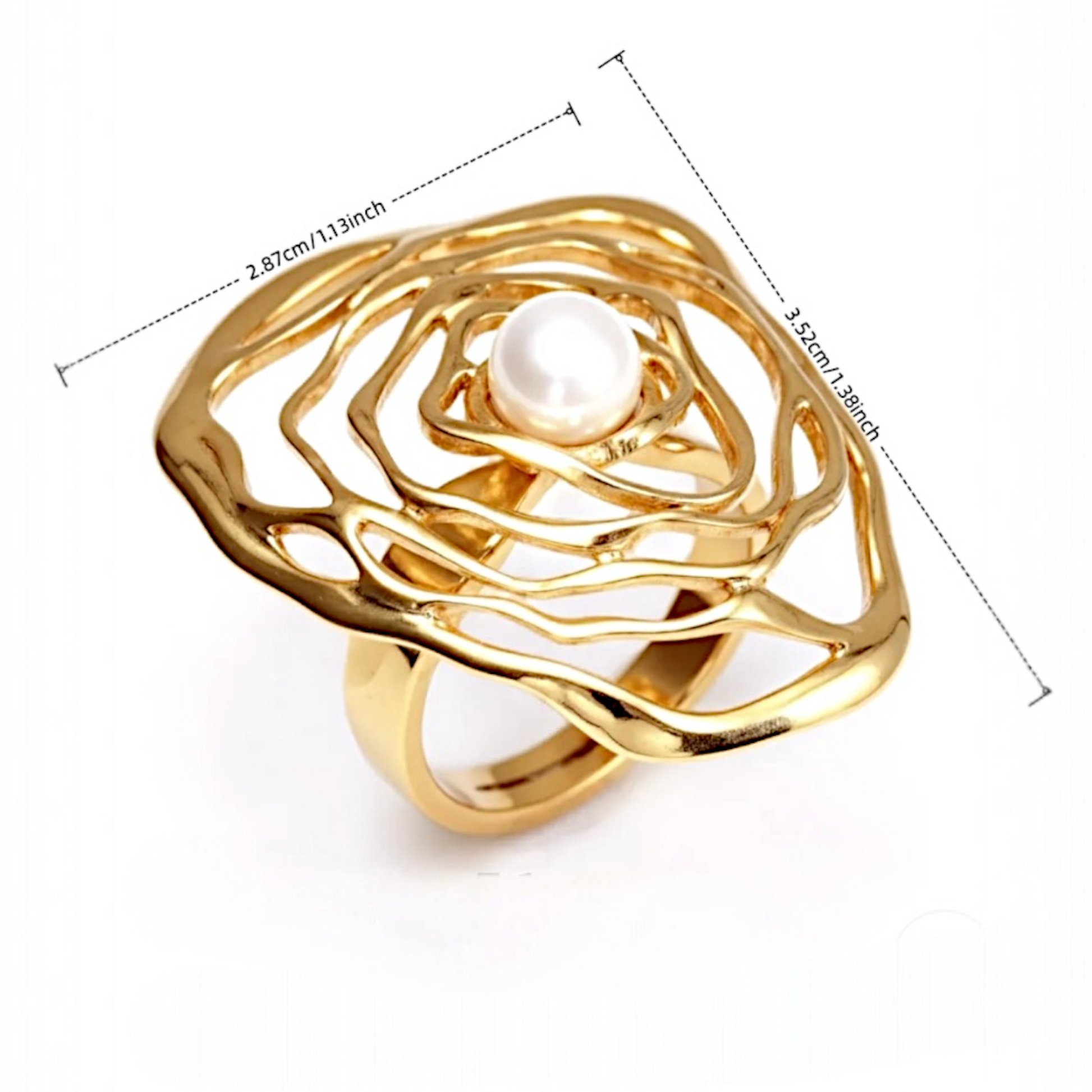 Gold ring with a pearl in the center, shown with measurements on a white background
