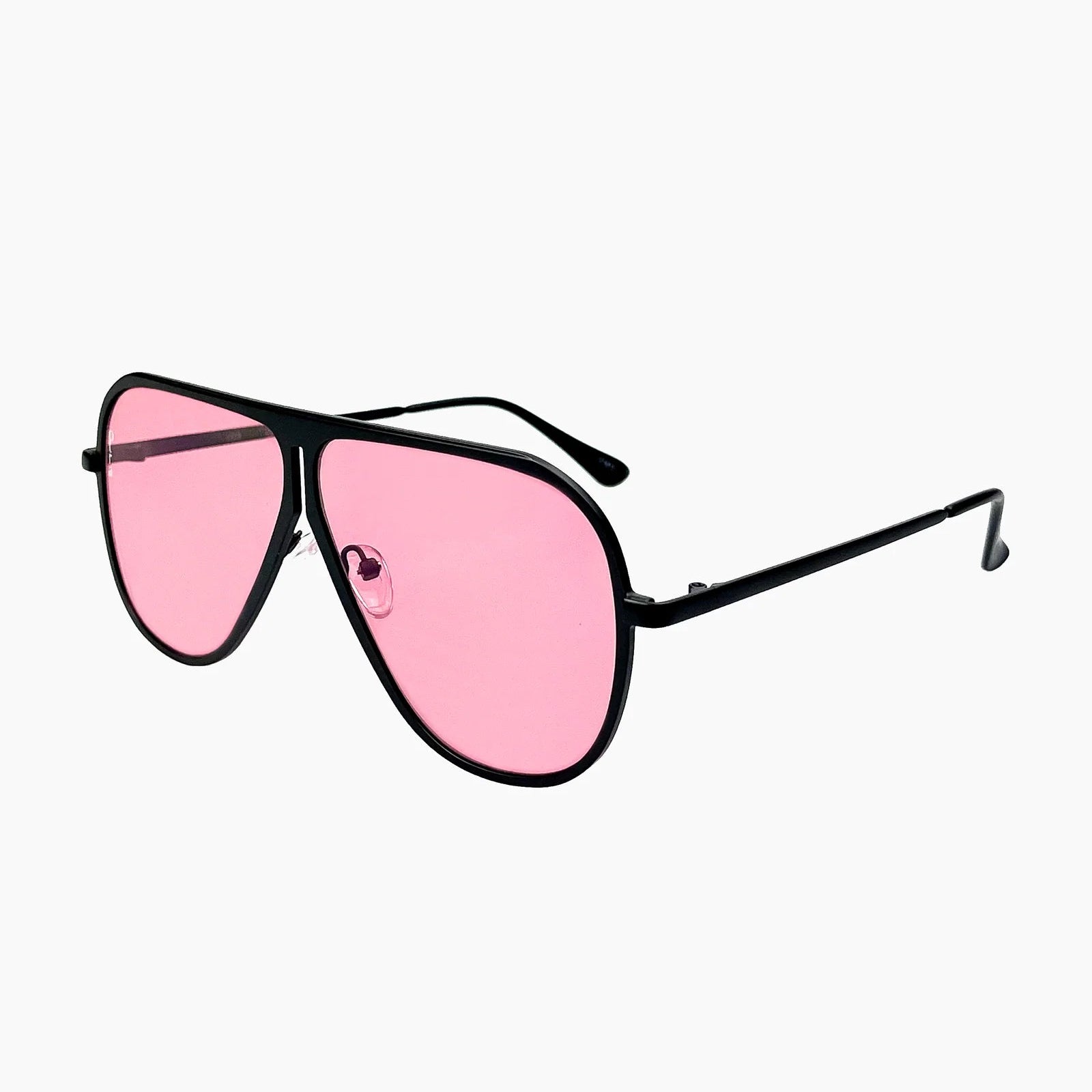 Aviator sunglasses with pink lenses on a white background