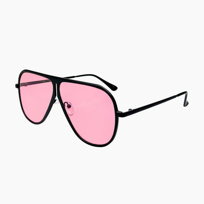 Aviator sunglasses with pink lenses on a white background