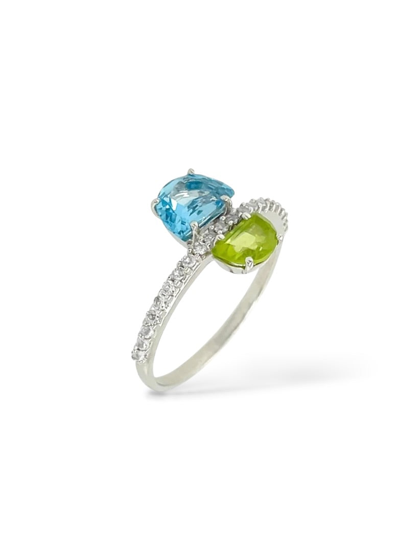 Pendulum Peridot and Blue Topaz Ring