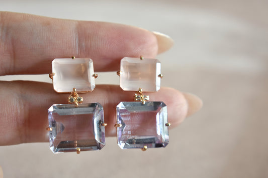 Coluna 18K Gold Earrings with Pink Amethyst and Rose Quartz Gemstones