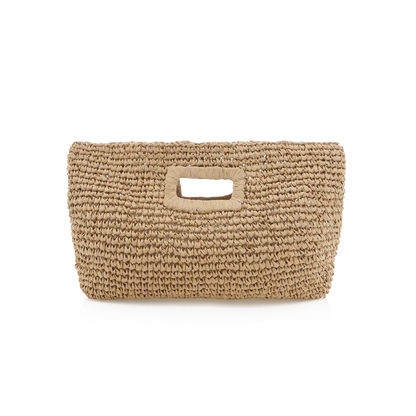 Beige woven clutch bag on a white background