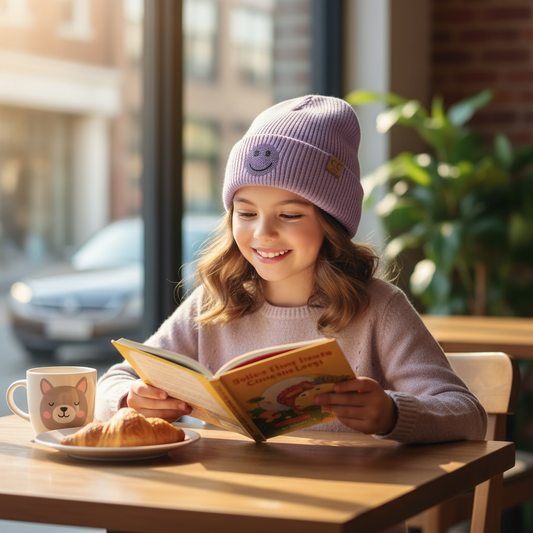 Child reading a book at a table with a cup and pastry in a cozy setting